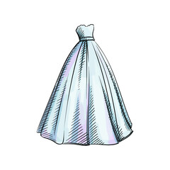 Colorful watercolor Hand-drawn sketch of light blue wedding gown. Wedding accesories and dress. Preparation for wedding ceremony. Bride and groom. Holiday. Celebration.	