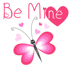Valentine's Day. Postcard. A butterfly with pink wings, wings and antennae in the shape of a heart is drawn in a cartoon style, the inscription is drawn on top - Be mine. Stock vector illustration 