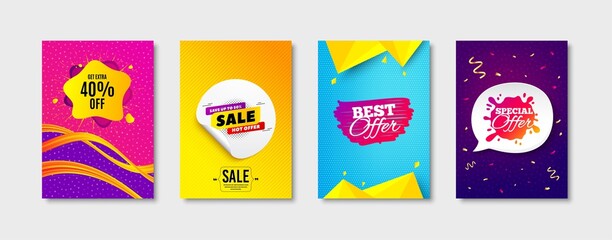 Sale 50 percent, Special offer and Best offer promo label set. Sticker template layout. Sale shape sign. Banner splash, Flyer tag, Liquid banner. Promotional tag set. Speech bubble banner. Vector