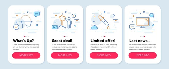 Set of Business icons, such as Chemistry pipette, Face scanning, Star symbols. Mobile screen app banners. Monitor line icons. Laboratory, Faces detection, Launch rating. Computer component. Vector