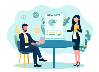 Male and female characters analyzing new data. Concept of data science. Man sitting and working on laptop, woman standing with notepad pointing at infographics. Flat cartoon vector illustration