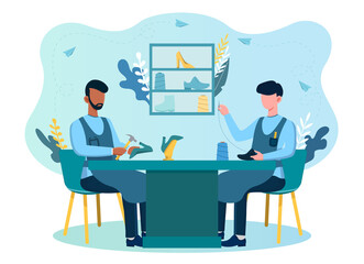 Two shoemakers sitting at the table fixing shoes with hammer and thread. Handicraft shoemaking process. Concept of shoe manufacture. Flat cartoon vector illustration