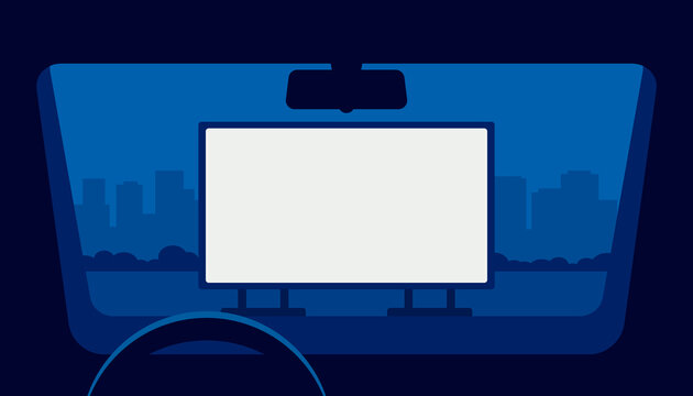 Drive Cinema, Car Movie Theater, Auto Theatre. View From Window Car In Open Air Parking At Night. Outdoor Screen With Movie Scene. Car Cinema Or Drive Movie In Open Air. Vector Illustration