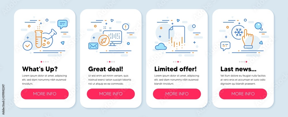Poster set of science icons, such as recovery file, chemistry lab, web system symbols. mobile screen mockup