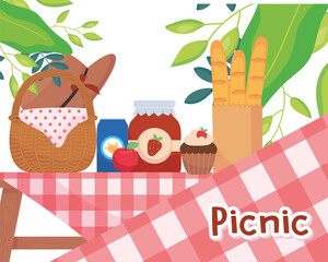 picnic table with basket bread jam and soda vector design