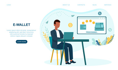 Man making money transfer to e-wallet. Concept of financial savings and online payment. Website, webpage, landing page template. Flat cartoon vector illustration