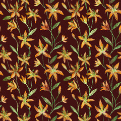 Orange flowers seamless pattern on dark red background