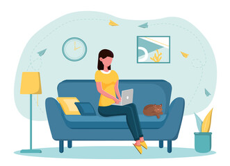 Female freelancer working from home. Woman sitting on sofa with laptop and cat sleeping near. Concept of remote online job to work everywhere. Flat cartoon vector illustration