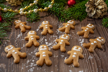 Christmas homemade gingerbread cookies on table. Happy New Year. Festive background. Selective focus
