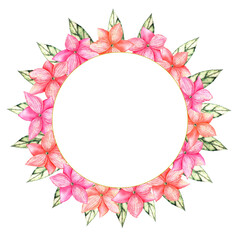 Watercolor floral frame for your design, with place for text. Beautiful pink flowers and leaves
