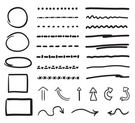Black infographic elements on isolated white background. Hand drawn geometric shapes. Set of different underlines. Abstract arrows. Elements are drawn in a linear style