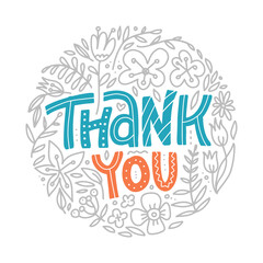 Thank you hand drawn cartoon lettering with decorative floral elements in minimalism round form. Doodle text with linear decor.