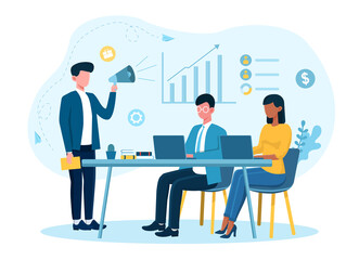 Male businessman is motivating employees in office. Concept of strategies motivator and incentives employees by boss. Flat cartoon vector illustration