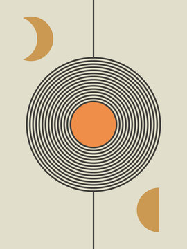 Trendy abstract boho print art. Minimalist contemporary backgrounds, mid century modern art ideal for wall decoration, interior design, vector illustration. Bohemian, poster, banner. Moon and sun.