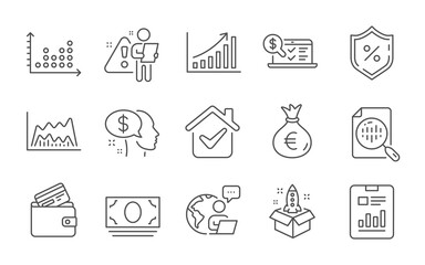 Pay, Startup and Report document line icons set. Cash money, Online accounting and Loan percent signs. Graph chart, Dot plot and Analytics chart symbols. Money bag, Debit card. Line icons set. Vector