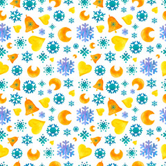 Seamless New Year watercolor pattern of snowflakes, crescent moon, hearts, bells.