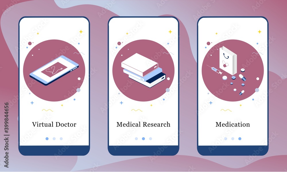 Poster application design set for virtual doctor, medical research and medication. ui onboarding screens de
