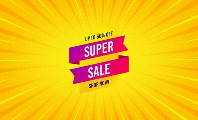 Super sale banner. Yellow background with offer message. Discount sticker shape. Coupon tag icon. Best advertising coupon banner. Super sale badge shape. Abstract background. Vector