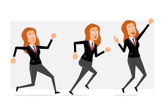 Cartoon flat funny redhead business woman character in black suit with red tie. Girl jumping and running fast forward. Ready for animation. Isolated on gray background. Vector set.