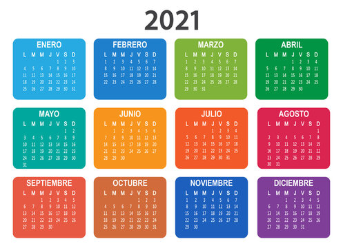 Spanish 2021 year vector calendar. Week starts on Lunes Monday. Colorful illustration