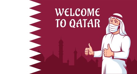 New normal. Arab man in mask thumbs up on Qatar flag. Arabian man say welcome to Qatar. Vector illustration.