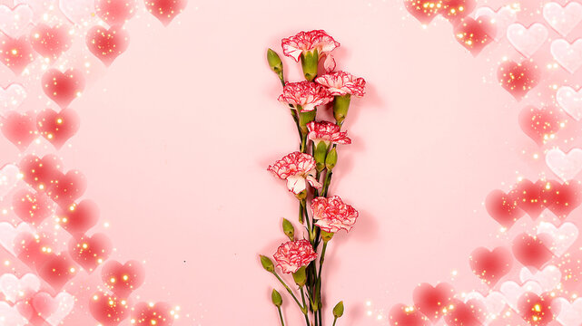 Concept for Valentine's Day or Women's Day. Postcard, hearts and flowers on a pink background, place for text, banner, Happy holidays, congratulations, birthday, wedding, selective focus