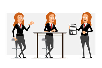 Cartoon flat funny redhead business woman character in black suit with red tie. Girl posing, resting and holding to do list with mark. Ready for animation. Isolated on gray background. Vector set.