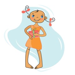 Cheerful and happy little girl with a holiday gift in her hands. Vector cartoon character isolated on white background.