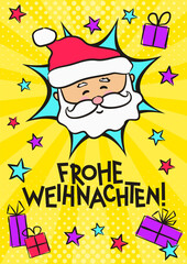 German Merry Christmas pop art banner with Santa Claus. Comic greeting card for Germany with Merry Christmas, gifts and stars. Vector illustration. Translation: Merry Christmas