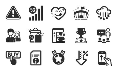 Technical info, Ranking star and Yummy smile icons simple set. Low percent, Couple and Cloud storage signs. Swipe up, Winner cup and Shopping bags symbols. Arena, 5g wifi and Coffee maker. Vector