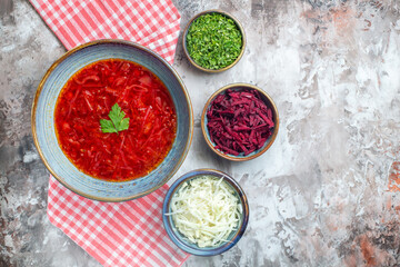 top view delicious borsch ukrainian beet soup inside plate on a white background photo color dish meal cuisine
