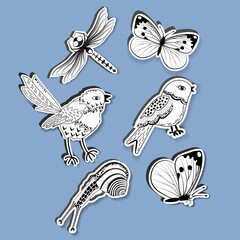 Fototapeta na wymiar Set of animals icons in black and white design.Butterflies, dragonfly, snail and birds.