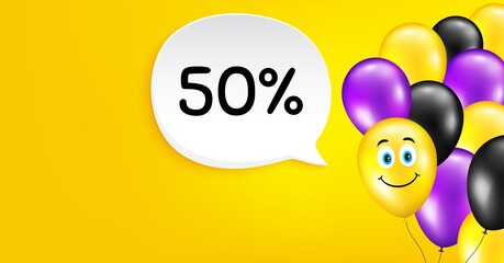 50 percent off Sale. Smile balloon vector background. Discount offer price sign. Special offer symbol. Birthday balloon background. Discount speech bubble. Celebrate yellow banner. Vector