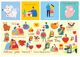 All you need is love. Hands and people with hearts as love massages. Vector Valentine illustration cards of happy couples in love
