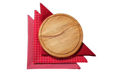 Empty pizza board and red napkins isolated on white