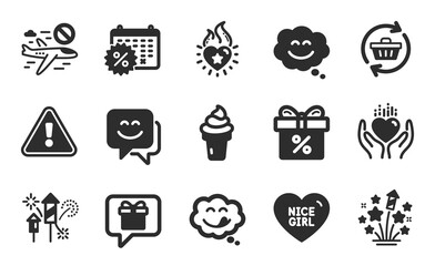 Fireworks rocket, Calendar discounts and Wish list icons simple set. Fireworks stars, Hold heart and Refresh cart signs. Smile chat, Discount offer and Smile face symbols. Flat icons set. Vector