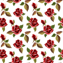 
Floral seamless pattern. Watercolor red roses. Design for postcards, textiles, invitations, scrapbooking, decoupage, wrapping paper
