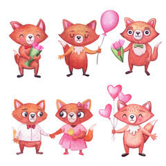 Cute watercolor funny foxes for party. Set of characters on white. Animals for celebrations
