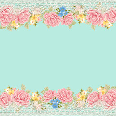 Greeting card with lace for wedding, birthday and other holidays. Vector vintage background with roses.