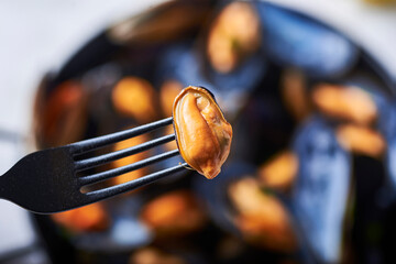 Mejillones al vapor sobre un fondo blanco, comida típica mediterránea.