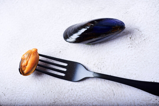 Mejillones al vapor sobre un fondo blanco, comida t&iacute;pica mediterr&aacute;nea.