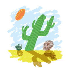 Cute wild Mexican landscape scenery with a funny cactus and a tumble grass. Vector card design, t-shirt print. - obrazy, fototapety, plakaty