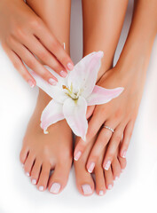 manicure pedicure with flower lily closeup isolated on white perfect shape hands spa salon