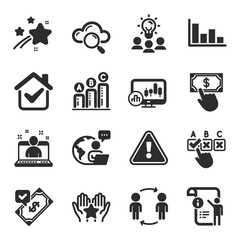 Set of Education icons, such as Accepted payment, Ranking, Candlestick chart symbols. Cloud computing, Payment click, Histogram signs. Workflow, Business idea, Correct checkbox. Manual doc. Vector