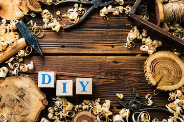 Do it Yourself wood. Woodworking workshop. DIY. Wood shavings and carpentry tools. Copy Space