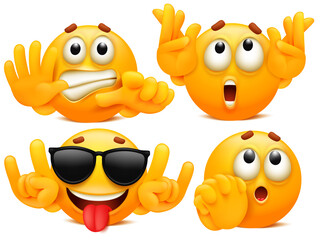 Stickers for smartphone application. Set of four yellow cartoon emoji charaters in various situations. Emoticon collection.