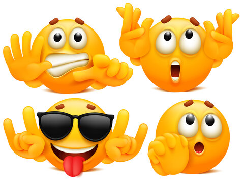 Premium Vector  Collection of various emoji yellow hand symbols with  smartphone, handshake sign and other gestures. 3d cartoon style.