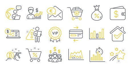 Set of Finance icons, such as Salary employees, Loan, Online accounting symbols. Dollar wallet, Loan percent, Vip award signs. Business growth, Euro money, Column chart. Trade chart. Vector