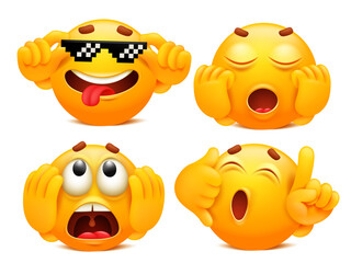 Stickers for smartphone app. Set of four yellow cartoon emoji charaters in various situations. Emoticon collection.