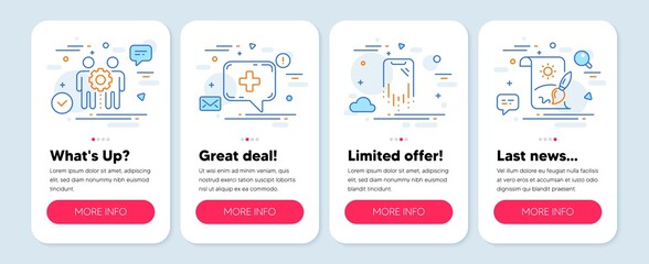 Set of Business icons, such as Medical chat, Employees teamwork, Smartphone recovery symbols. Mobile screen app banners. Creative painting line icons. Vector